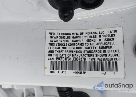 2020 Honda Civic Ex from USA, damaged, VIN 19XFC1F31LE007379